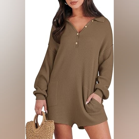 Sweater Romper One Piece Jumpsuit Button Casual Knit Long Sleeve Short Outfit - Picture 6 of 6